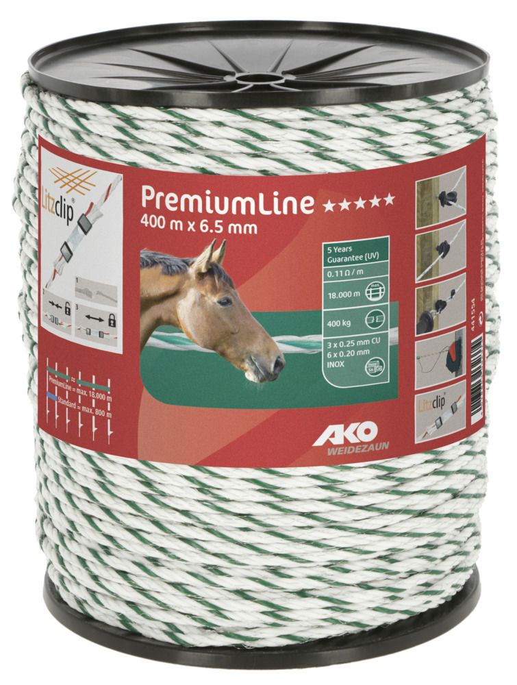 PremiumLine Weidezaunseil 6,5 mm, 400 m Rolle, weiß/ grün