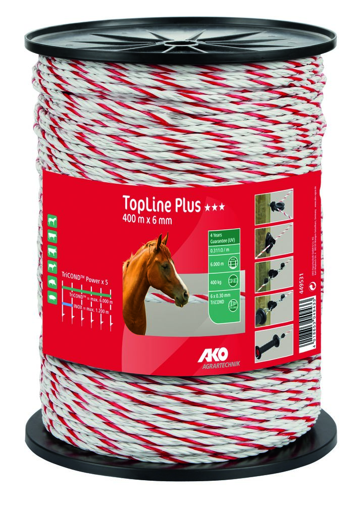 TopLine Plus Weidezaunseil 6 mm, 400 m Rolle, weiß/ rot