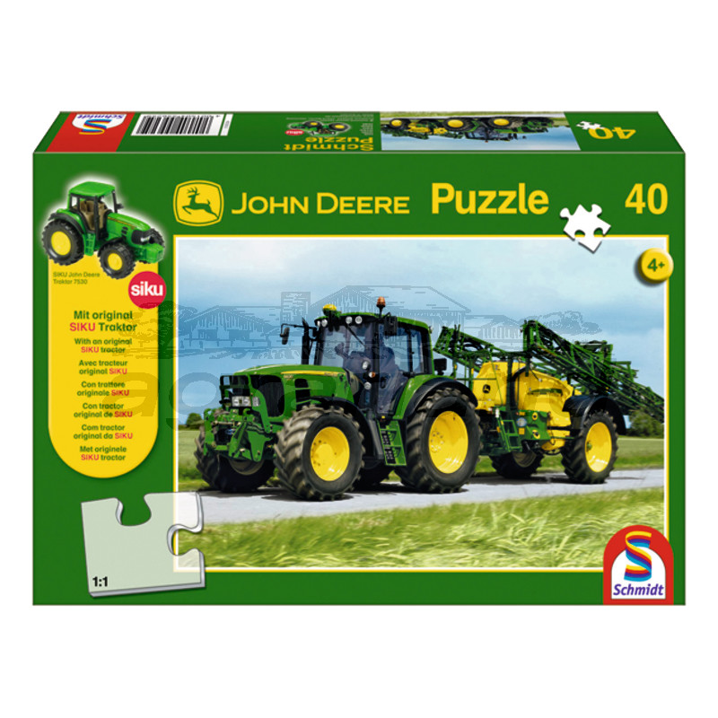Schmidt Puzzle, John Deere mit Feldspritze + SIKU Traktor, 40 Teile