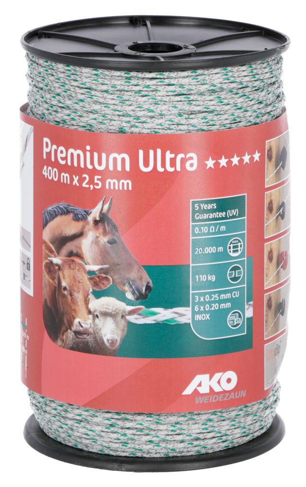 Premium Ultra Weidezaunlitze 2,5 mm, 400 m Rolle, weiß/ grün