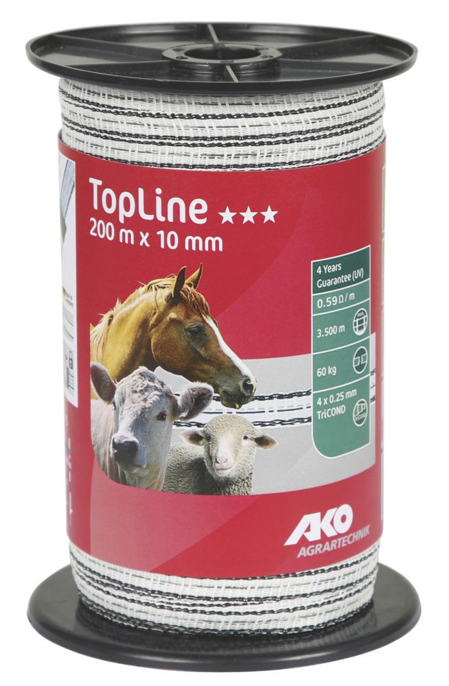 TopLine Weidezaunband 10 mm, 200 m Rolle, weiß/ schwarz
